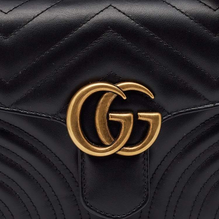 Pre Owned Gucci Black Matelassé Leather Mini GG Marmont Top Handle Bag