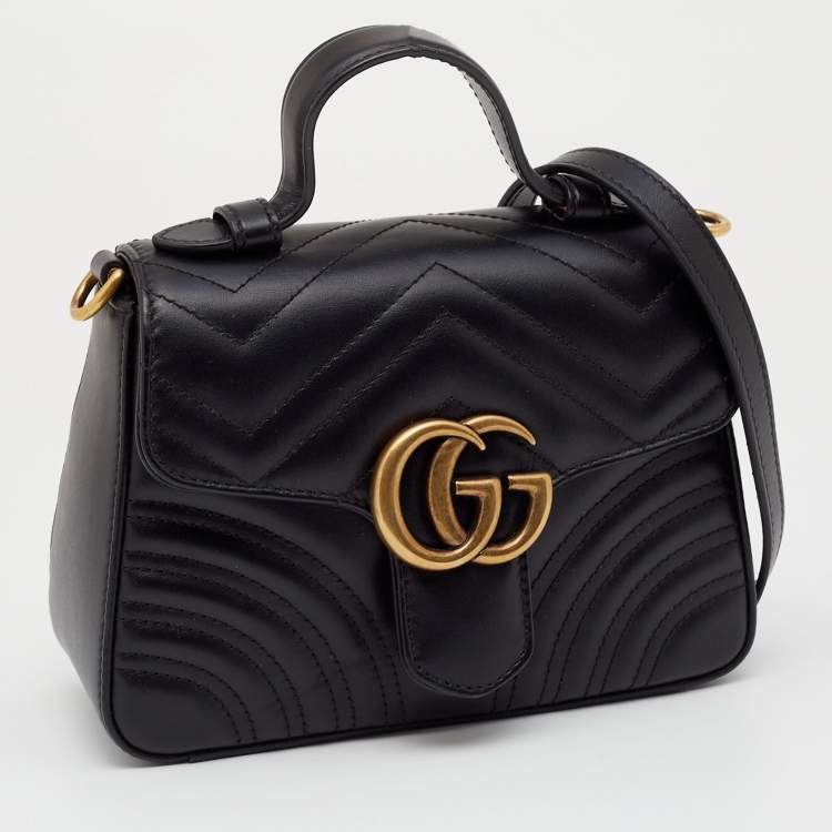 Pre Owned Gucci Black Matelassé Leather Mini GG Marmont Top Handle Bag