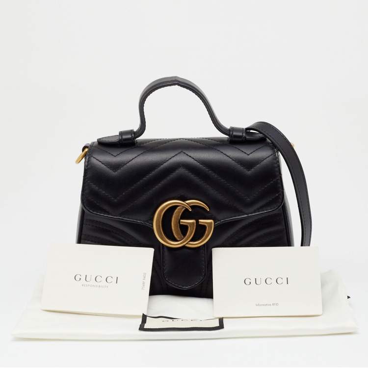 Pre Owned Gucci Black Matelassé Leather Mini GG Marmont Top Handle Bag