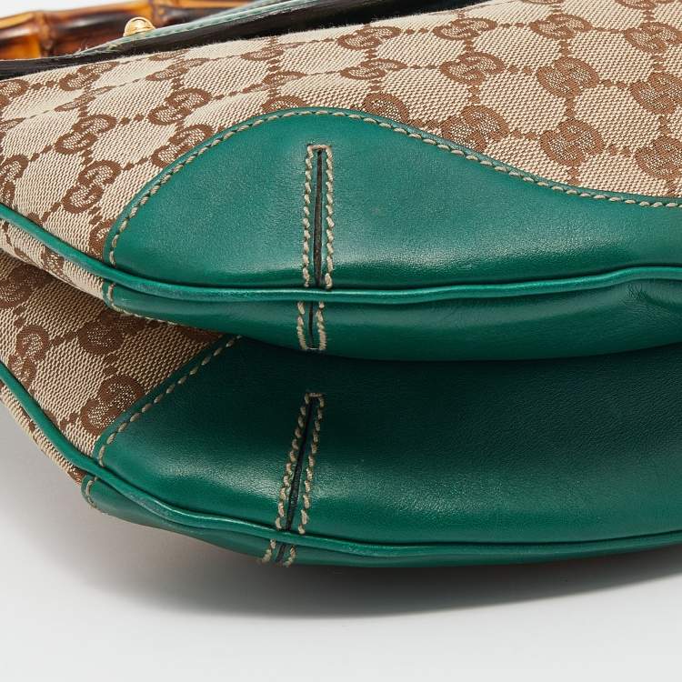 مملوكة مسبقًا Gucci Beige/Green GG Canvas And Leather Peggy Bamboo Top Handle Bag