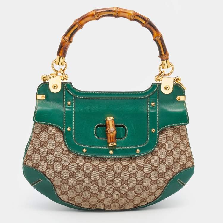 مملوكة مسبقًا Gucci Beige/Green GG Canvas And Leather Peggy Bamboo Top Handle Bag