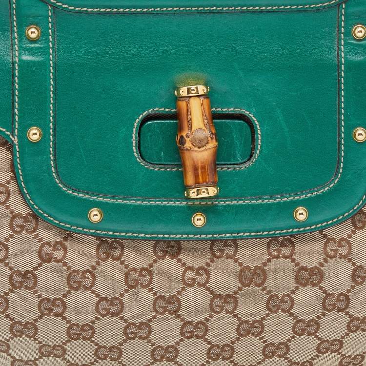 مملوكة مسبقًا Gucci Beige/Green GG Canvas And Leather Peggy Bamboo Top Handle Bag