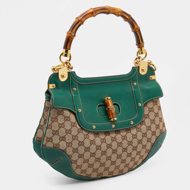 مملوكة مسبقًا Gucci Beige/Green GG Canvas And Leather Peggy Bamboo Top Handle Bag