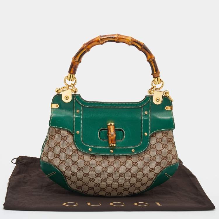 مملوكة مسبقًا Gucci Beige/Green GG Canvas And Leather Peggy Bamboo Top Handle Bag