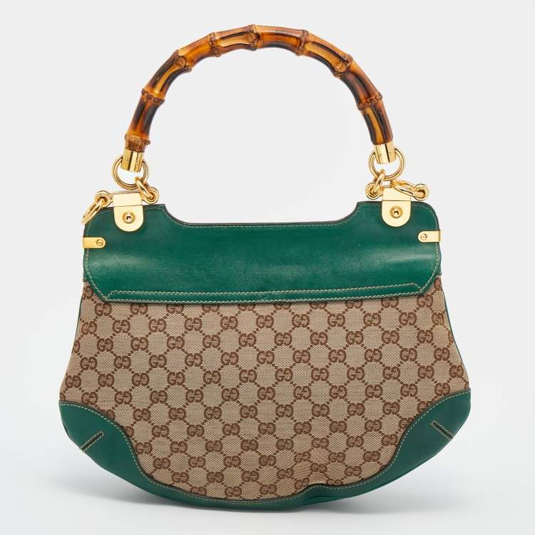 مملوكة مسبقًا Gucci Beige/Green GG Canvas And Leather Peggy Bamboo Top Handle Bag
