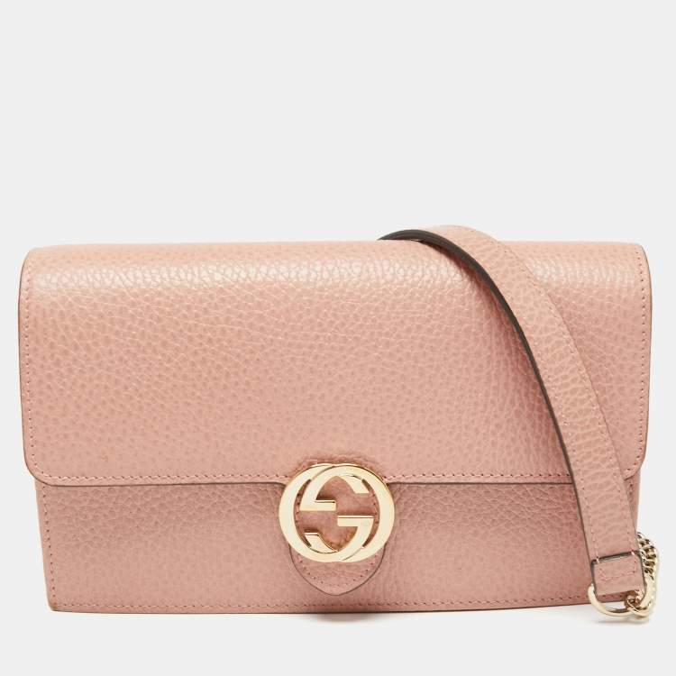 Gucci English Rose Leather Interlocking G Wallet on Chain Gucci