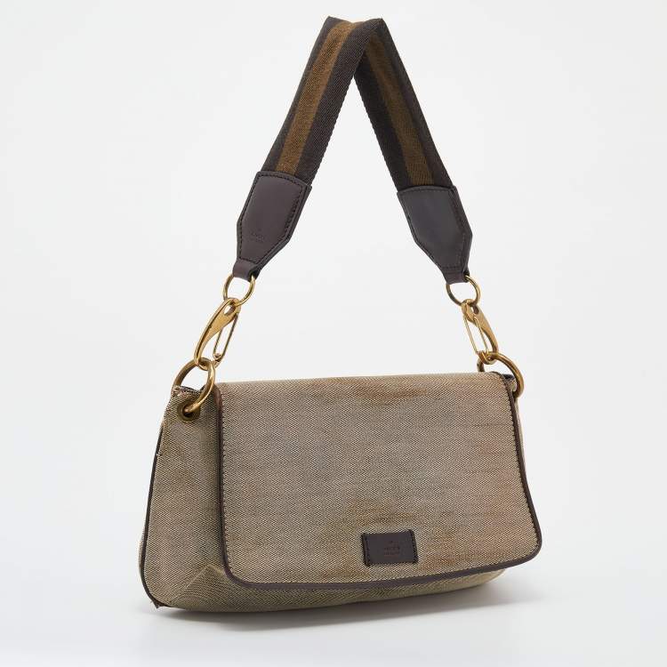 Pre Owned Gucci Beige/Brown Canvas And Leather Flap Shoulder Bag