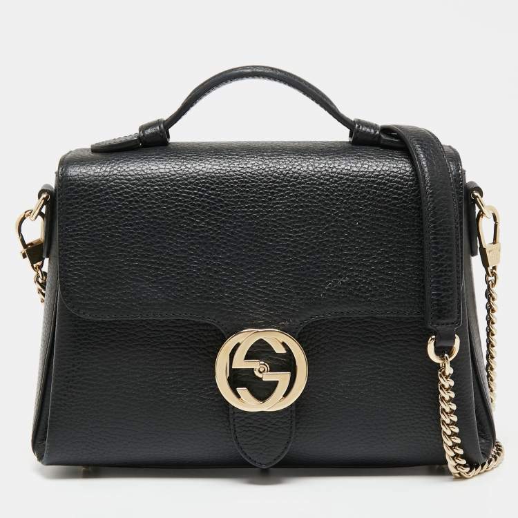 Pre Owned Gucci Black Leather Dollar Interlocking G Top Handle Bag