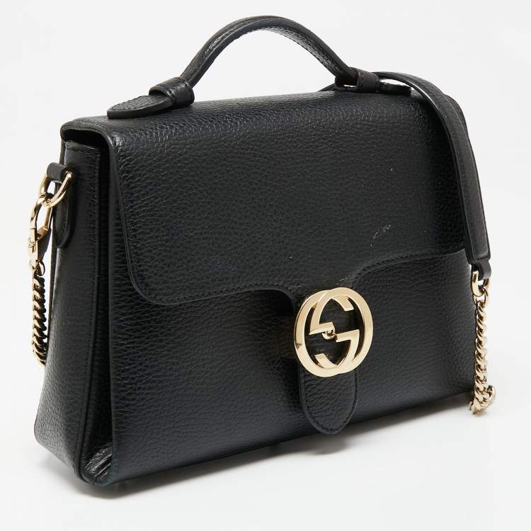 Pre Owned Gucci Black Leather Dollar Interlocking G Top Handle Bag