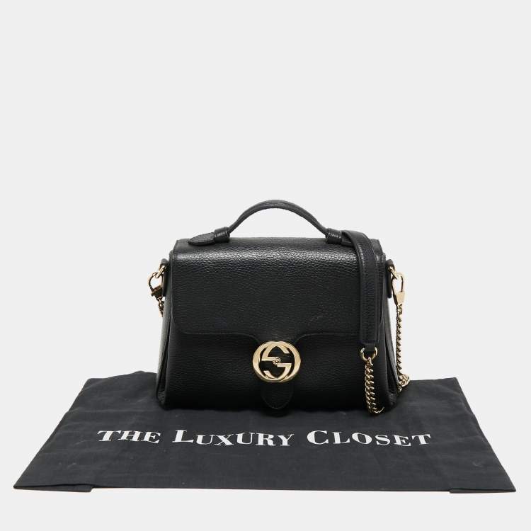 Pre Owned Gucci Black Leather Dollar Interlocking G Top Handle Bag
