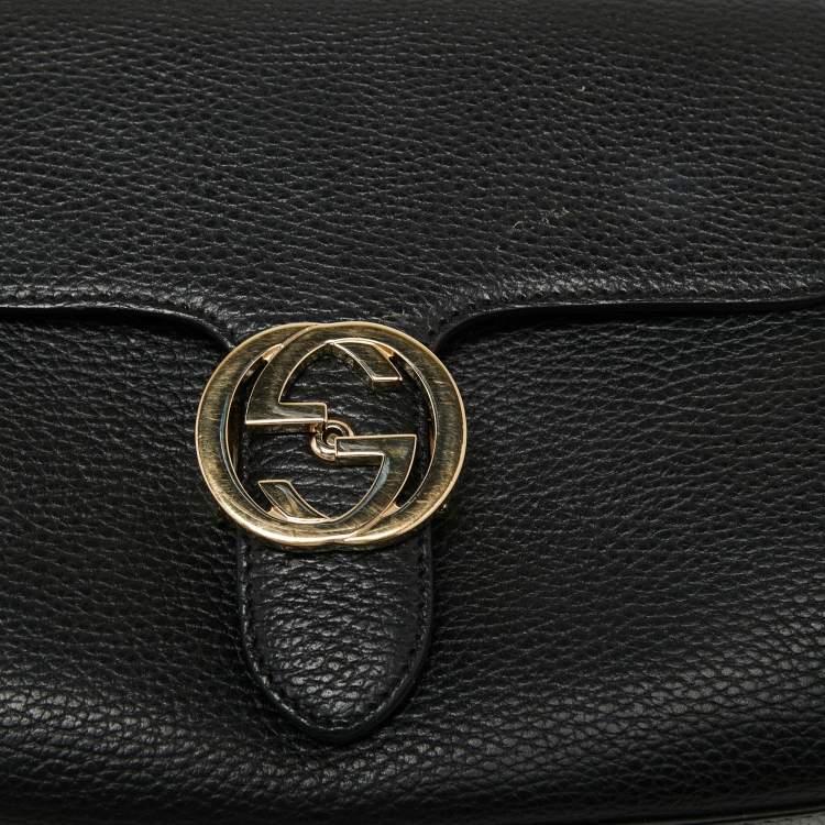 Pre Owned Gucci Black Leather Dollar Interlocking G Top Handle Bag