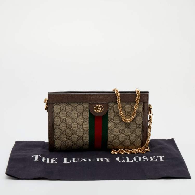 Pre Owned Gucci Beige/Ebony GG Supreme Canvas and Leather Small Ophidia Shoulder Bag
