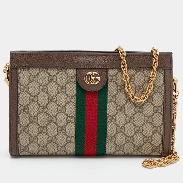 Pre Owned Gucci Beige/Ebony GG Supreme Canvas and Leather Small Ophidia Shoulder Bag