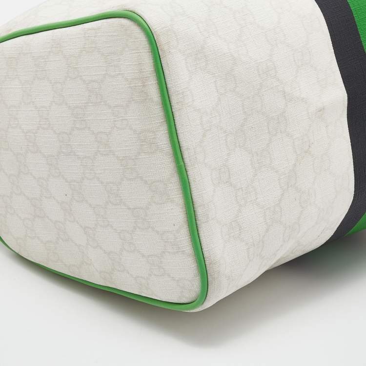 Pre Owned Gucci White/Green GG Supreme Canvas And Leather Medium Web Stripe Joy Boston Bag