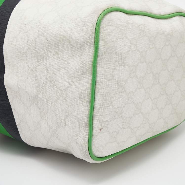 Pre Owned Gucci White/Green GG Supreme Canvas And Leather Medium Web Stripe Joy Boston Bag