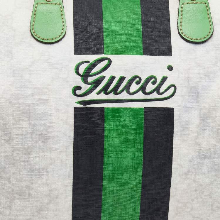 Pre Owned Gucci White/Green GG Supreme Canvas And Leather Medium Web Stripe Joy Boston Bag