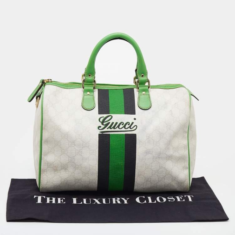 Pre Owned Gucci White/Green GG Supreme Canvas And Leather Medium Web Stripe Joy Boston Bag
