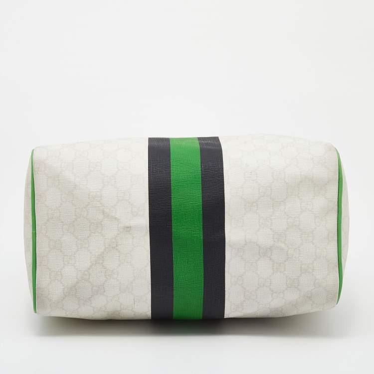 Pre Owned Gucci White/Green GG Supreme Canvas And Leather Medium Web Stripe Joy Boston Bag