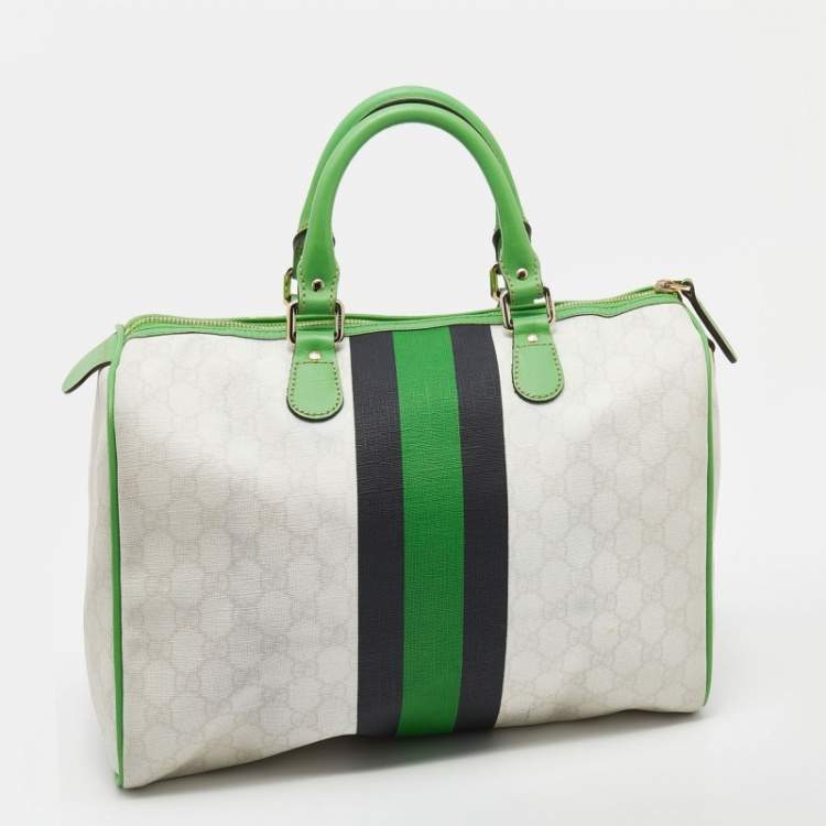 Pre Owned Gucci White/Green GG Supreme Canvas And Leather Medium Web Stripe Joy Boston Bag