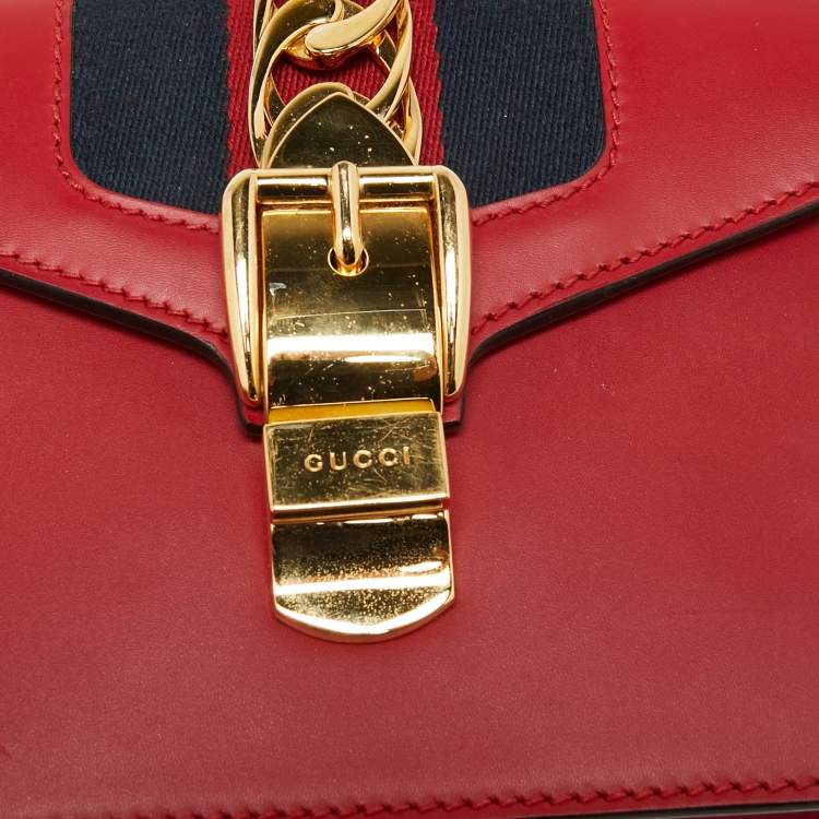 Pre Owned Gucci Red Leather Mini Web Sylvie Top Handle Bag