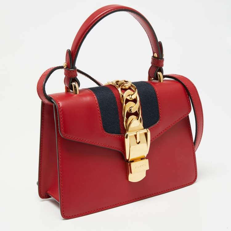Pre Owned Gucci Red Leather Mini Web Sylvie Top Handle Bag