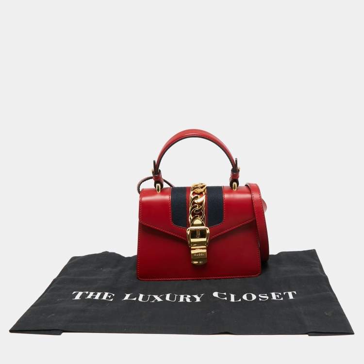 Pre Owned Gucci Red Leather Mini Web Sylvie Top Handle Bag