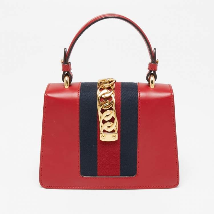 Pre Owned Gucci Red Leather Mini Web Sylvie Top Handle Bag