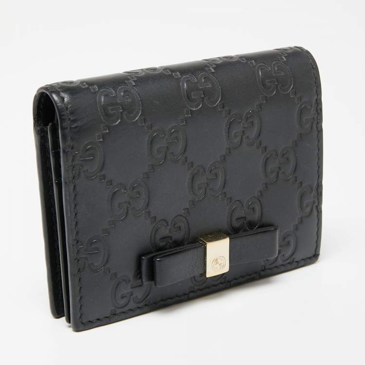 Pre Owned Gucci Black Guccissima Leather Bow Flap Card Case