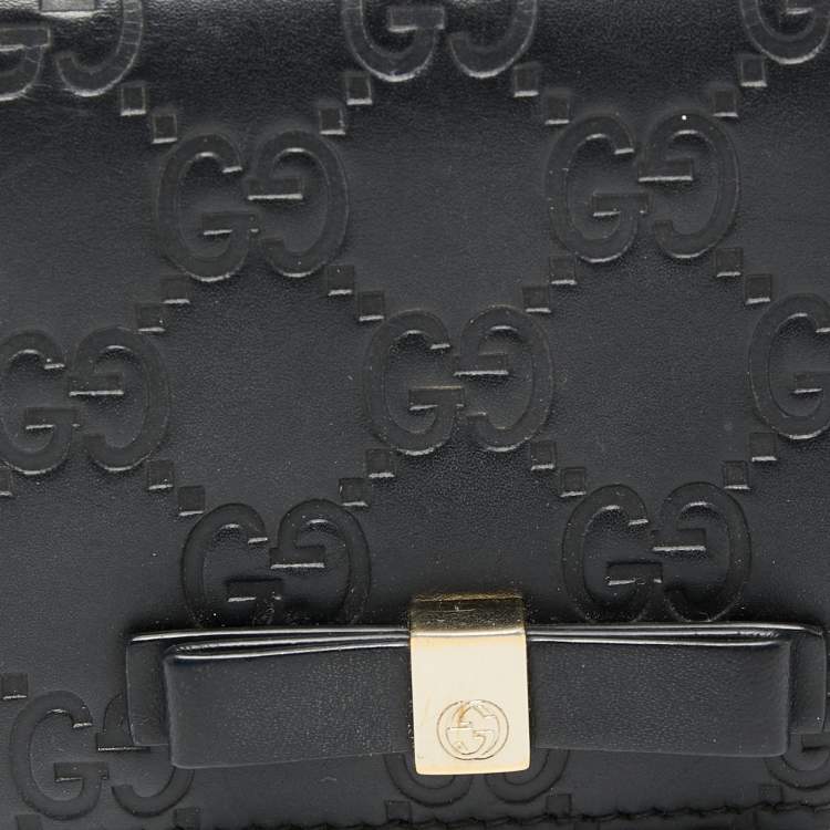 Pre Owned Gucci Black Guccissima Leather Bow Flap Card Case