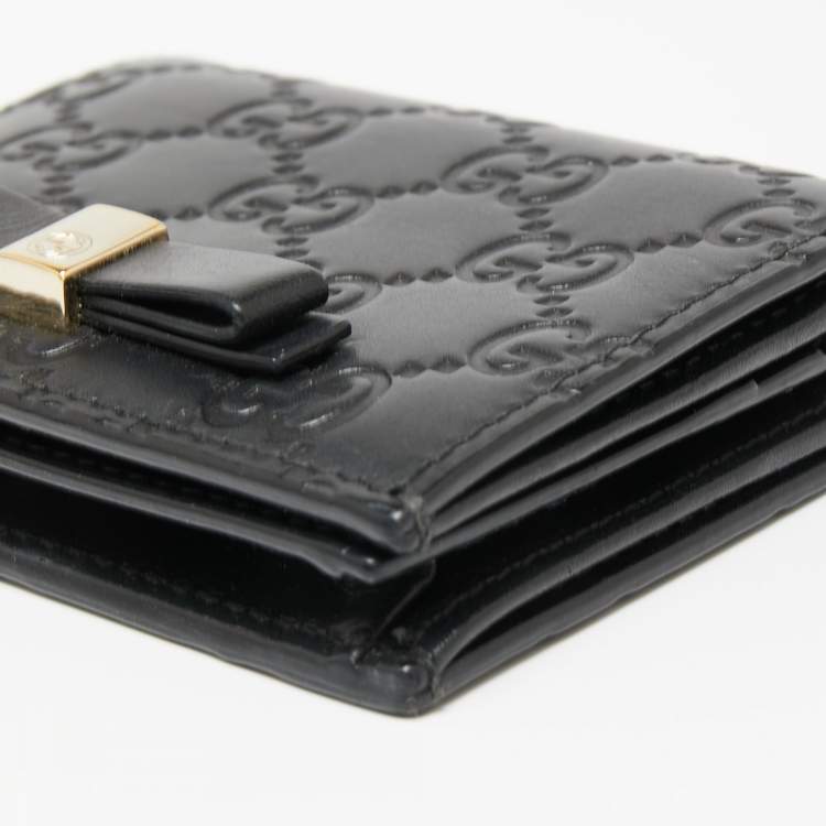 Pre Owned Gucci Black Guccissima Leather Bow Flap Card Case