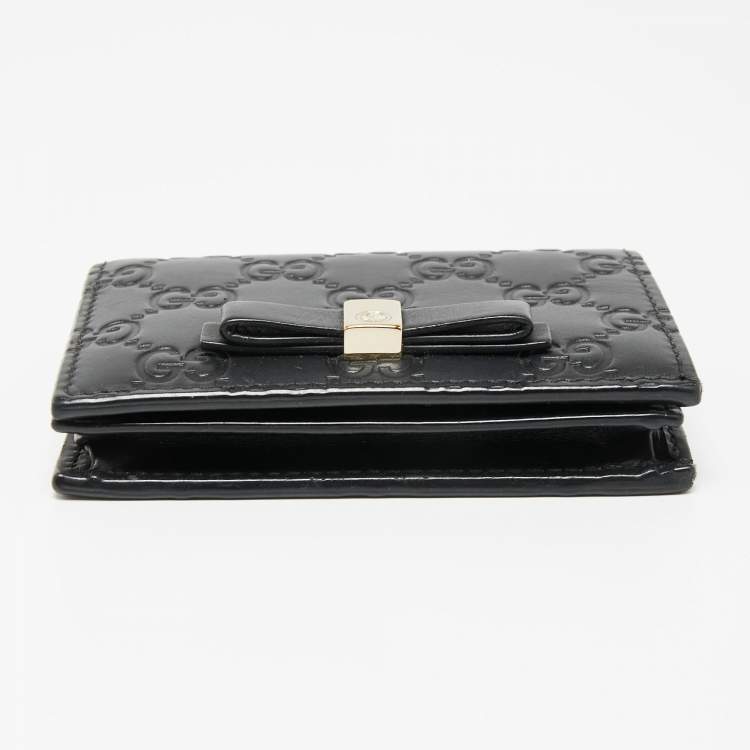 Pre Owned Gucci Black Guccissima Leather Bow Flap Card Case