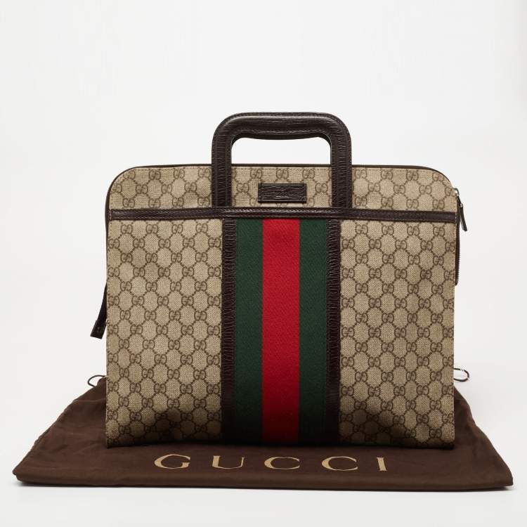 Pre Owned Gucci Brown/Beige GG Supreme Canvas and Leather Web Business Briefcase