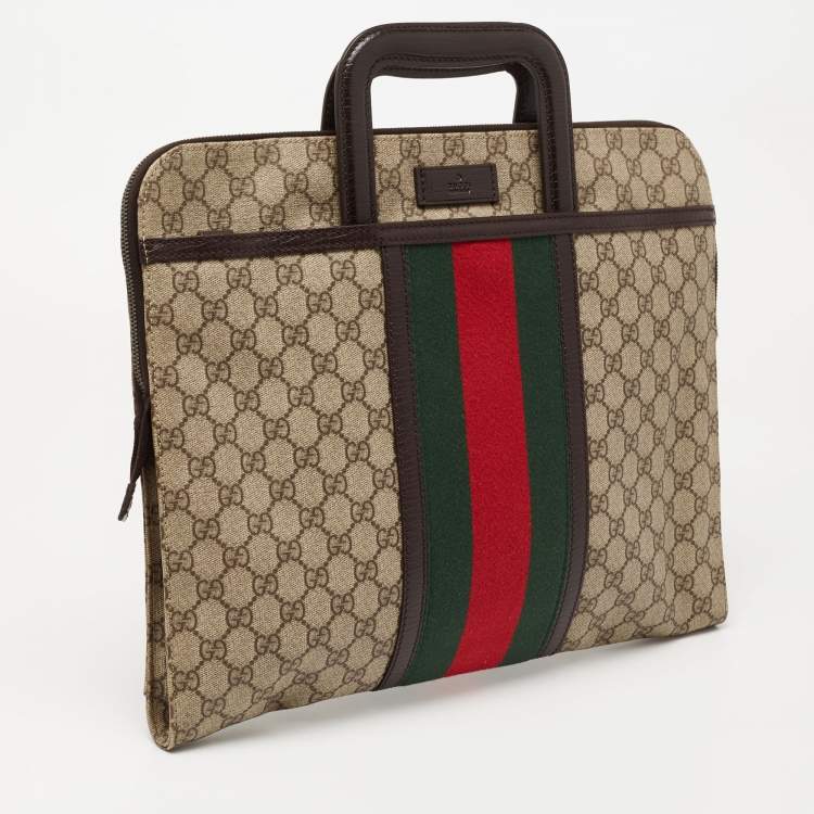 Pre Owned Gucci Brown/Beige GG Supreme Canvas and Leather Web Business Briefcase