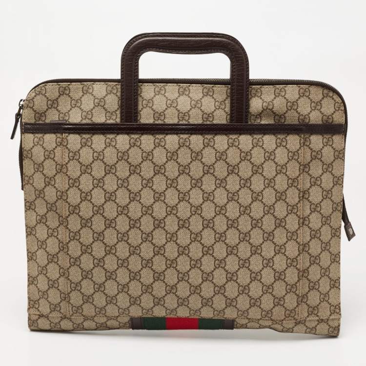 Pre Owned Gucci Brown/Beige GG Supreme Canvas and Leather Web Business Briefcase