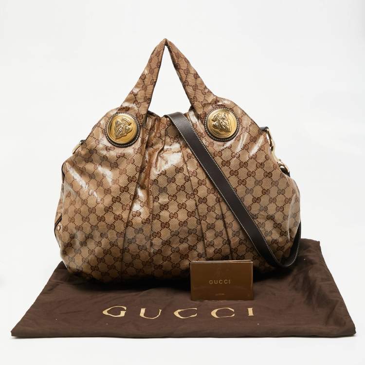 Pre Owned Gucci Beige/Brown GG Crystal Canvas Large Hysteria Hobo