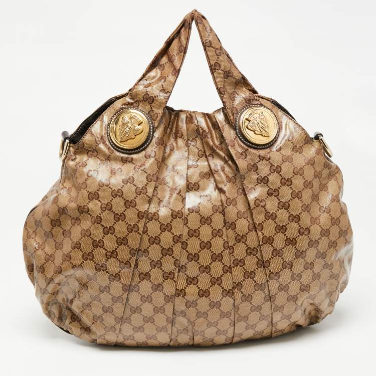 Pre Owned Gucci Beige/Brown GG Crystal Canvas Large Hysteria Hobo