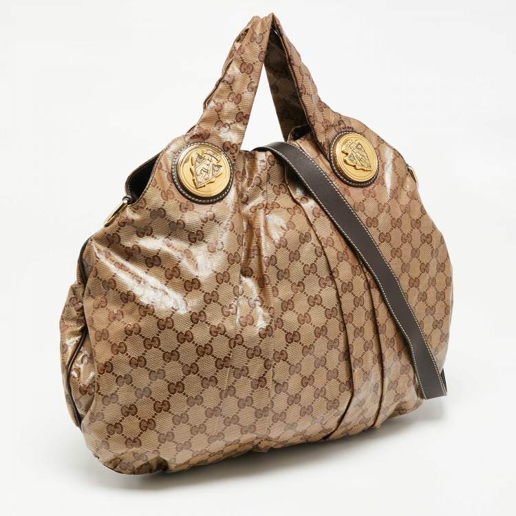 Pre Owned Gucci Beige/Brown GG Crystal Canvas Large Hysteria Hobo