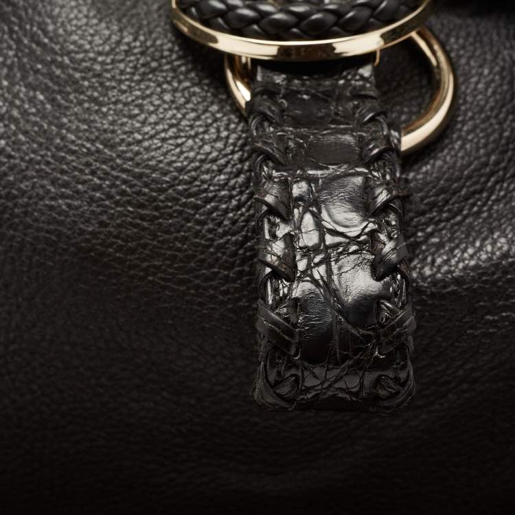 Pre Owned Gucci Black Leather and Crocodile Trim Medium G Wave Hobo