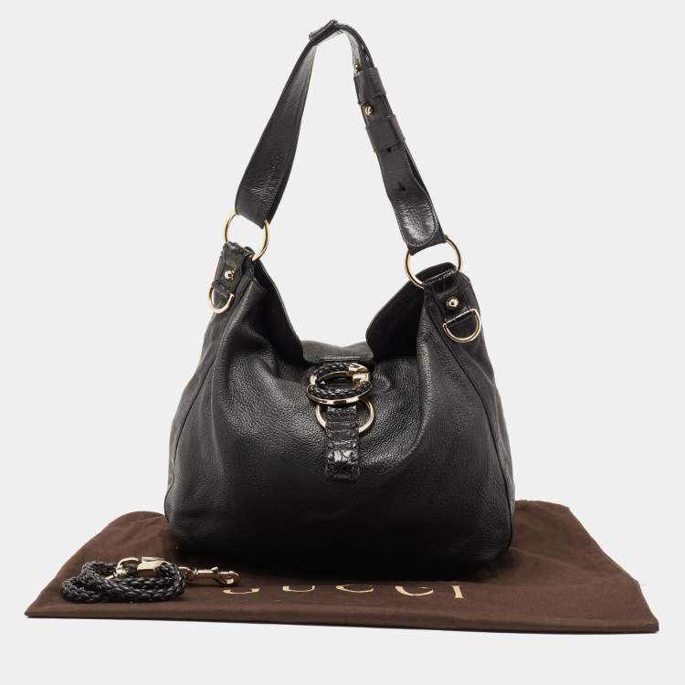 Pre Owned Gucci Black Leather and Crocodile Trim Medium G Wave Hobo
