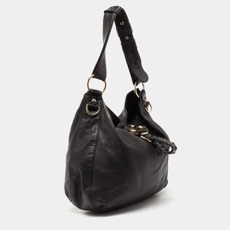 Pre Owned Gucci Black Leather and Crocodile Trim Medium G Wave Hobo