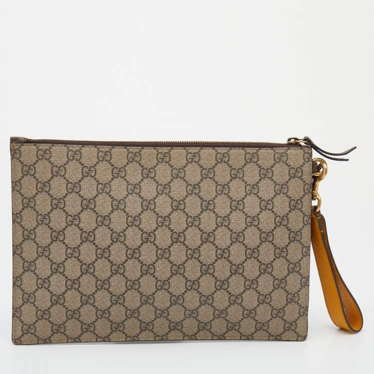 Pre Owned Gucci Beige/Yellow GG Supreme Canvas and Leather Neo Vintage Pouch