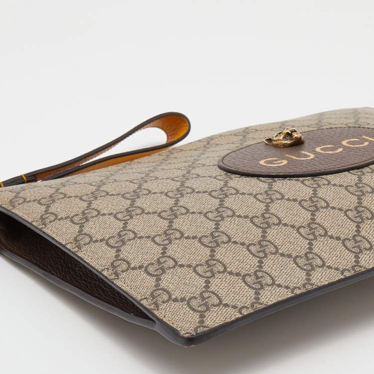 Pre Owned Gucci Beige/Yellow GG Supreme Canvas and Leather Neo Vintage Pouch