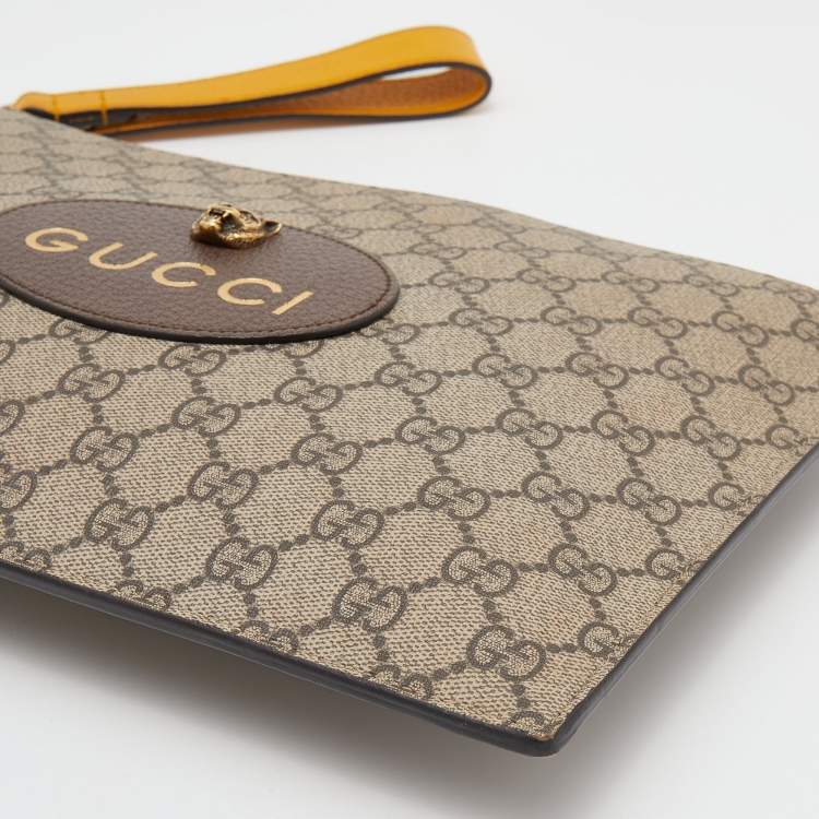 Pre Owned Gucci Beige/Yellow GG Supreme Canvas and Leather Neo Vintage Pouch