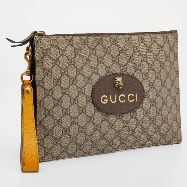 Pre Owned Gucci Beige/Yellow GG Supreme Canvas and Leather Neo Vintage Pouch