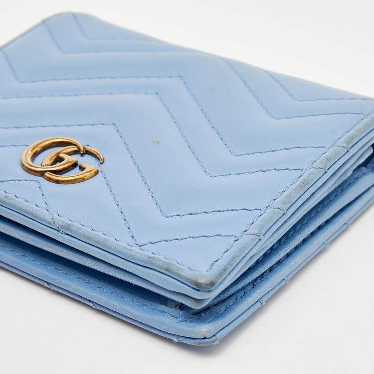 Pre Owned Gucci Blue Matelassé Leather GG Marmont Card Case