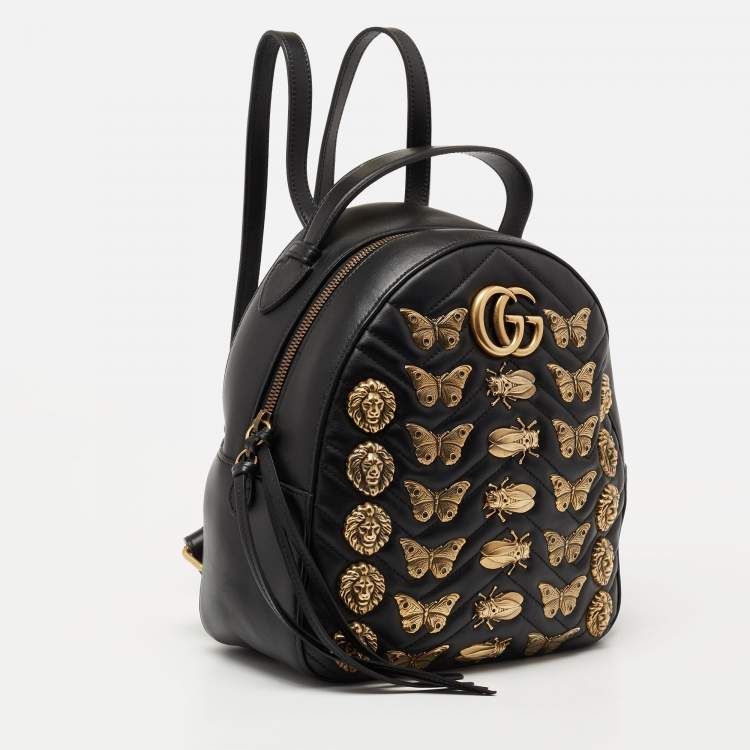 Pre Owned Gucci Black Matelassé Leather GG Marmont Animal Stud Rucksack Backpack