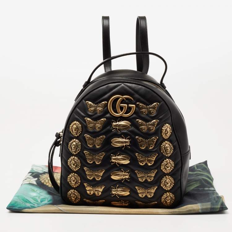 Pre Owned Gucci Black Matelassé Leather GG Marmont Animal Stud Rucksack Backpack