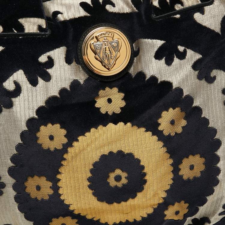 Pre Owned Gucci Black/Yellow Velvet and Fabric Tapestry Hysteria Hobo
