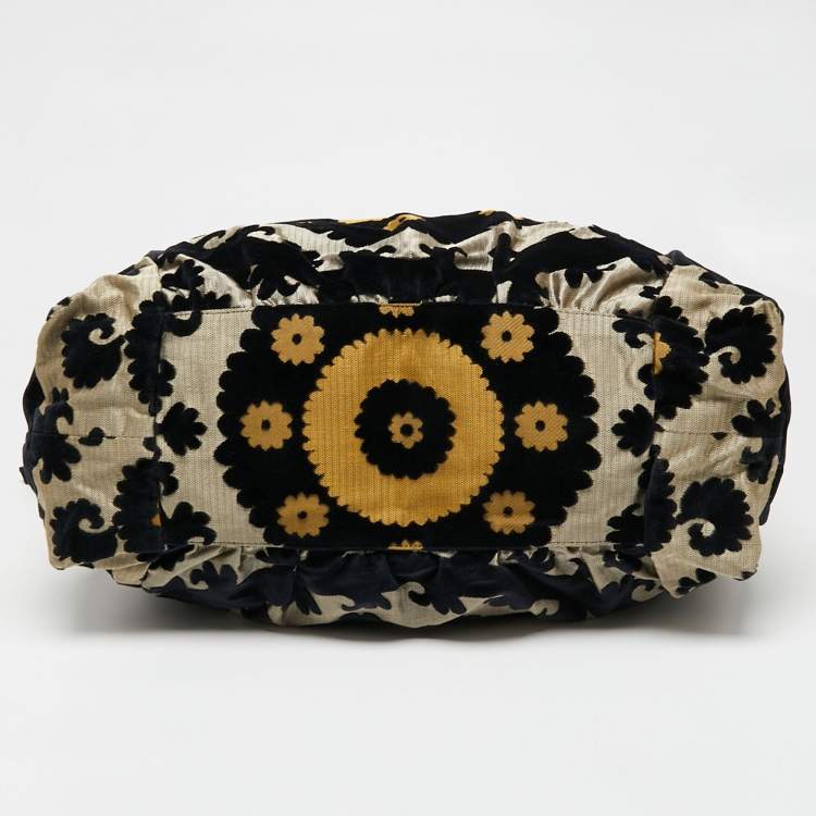 Pre Owned Gucci Black/Yellow Velvet and Fabric Tapestry Hysteria Hobo