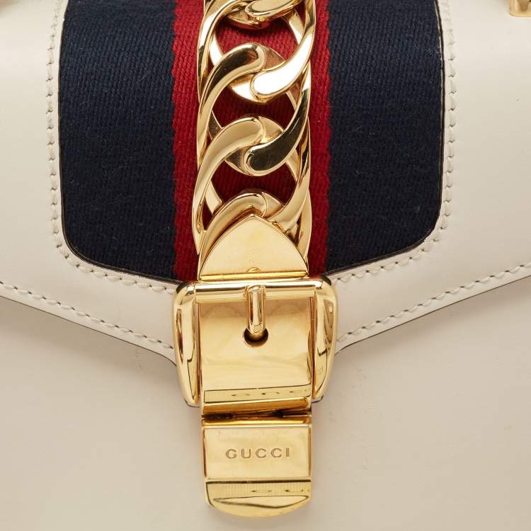 Pre Owned Gucci Off White Leather Mini Web Chain Sylvie Top Handle Bag
